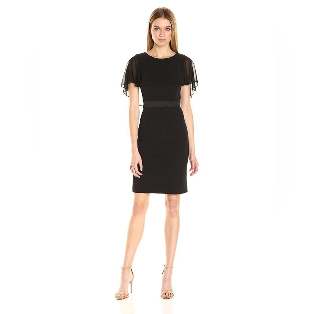Adrianna Papell Scoop Neck Cape Sleeve Bodycon Chiffon Crepe Dress(AP1D1…